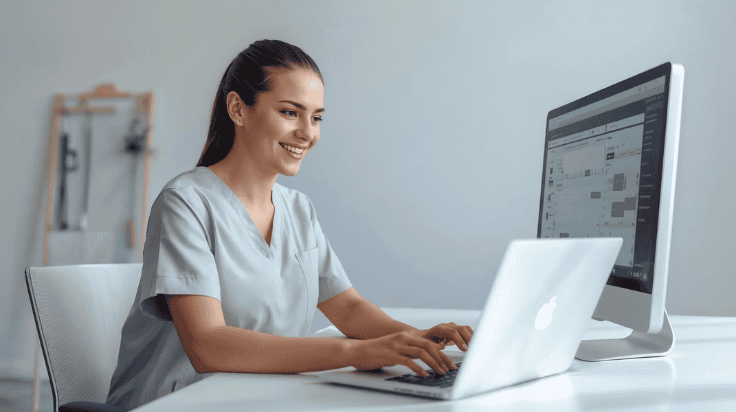 A woman working remotely as a medical virtual assistant