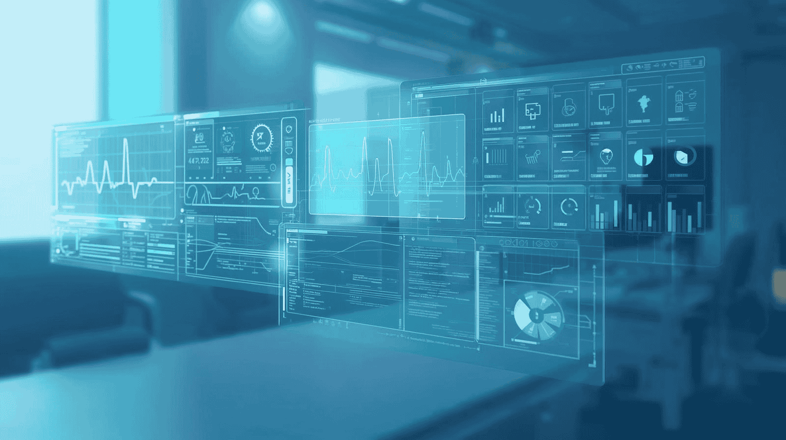 A modern digital workspace with floating holographic panels showing medical dashboards, heart rate monitors, appointment schedules, and data charts — representing healthcare systems and technology used by medical virtual assistants.